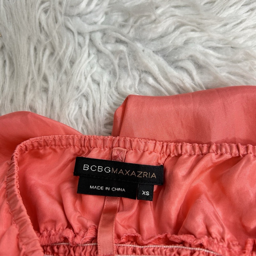 BCBG Maxazria Halter Dress Sz XS 100% Silk Coral Tiered Wedding Guest Party Midi - Picture 8 of 10
